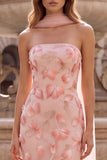 Pink Mermaid Strapless Floral Embroidery Long Prom Dress with Appliques