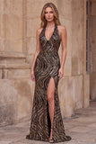 Halter V-Neck Black Sequins Sheath Long Prom Dress with High Side Slit