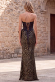 Black Strapless Mermaid Corset Sequins Long Prom Dress with Oversized Satin Bow