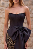 Black Strapless Mermaid Corset Sequins Long Prom Dress with Oversized Satin Bow