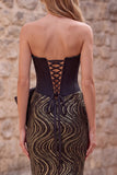 Black Strapless Mermaid Corset Sequins Long Prom Dress with Oversized Satin Bow