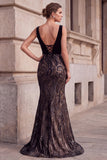 Black Mermaid V-Neck Velvet Sequins Long Prom Dress