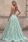 Light Green A-Line Strapless Sequins Floral Long Prom Dress