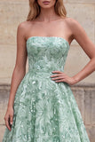Light Green A-Line Strapless Sequins Floral Long Prom Dress
