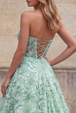 Light Green A-Line Strapless Sequins Floral Long Prom Dress