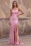 Sparkly Pink Sequins Strapless Mermaid Long Prom Dress with Slit