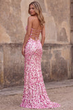 Sparkly Pink Sequins Strapless Mermaid Long Prom Dress with Slit