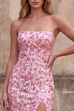 Sparkly Pink Sequins Strapless Mermaid Long Prom Dress with Slit
