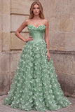 Green Corset A-Line Strapless Satin Maxi Prom Dress with 3D Flower Appliques