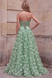 Green Corset A-Line Strapless Satin Maxi Prom Dress with 3D Flower Appliques