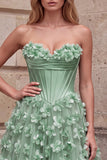 Green Corset A-Line Strapless Satin Maxi Prom Dress with 3D Flower Appliques