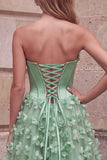 Green Corset A-Line Strapless Satin Maxi Prom Dress with 3D Flower Appliques