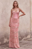 Pink Corset Sheath Sequins Beaded Strapless Long Prom Dress with Tiered Fringes