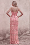 Pink Corset Sheath Sequins Beaded Strapless Long Prom Dress with Tiered Fringes