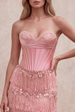 Pink Corset Sheath Sequins Beaded Strapless Long Prom Dress with Tiered Fringes