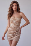 Champagne Velvet Sequins Appliques Strapless Ruched Bodycon Short Cocktail Dress