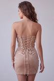 Champagne Velvet Sequins Appliques Strapless Ruched Bodycon Short Cocktail Dress