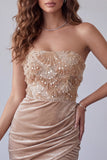 Champagne Velvet Sequins Appliques Strapless Ruched Bodycon Short Cocktail Dress