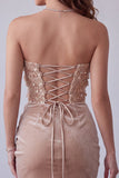 Champagne Velvet Sequins Appliques Strapless Ruched Bodycon Short Cocktail Dress