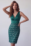 Dark Green Satin V-Neck Lace Bodycon Ruched Midi Cocktail Dress