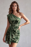 Eucalyptus One Shoulder Velvet Ruched Bodycon Short Cocktail Dress with Draping
