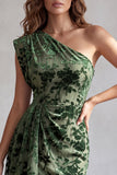 Eucalyptus One Shoulder Velvet Ruched Bodycon Short Cocktail Dress with Draping