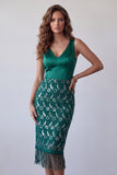 Dark Green Satin V-Neck Bodycon Lace Midi Cocktail Dress with Fringes