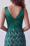 Dark Green Satin V-Neck Bodycon Lace Midi Cocktail Dress with Fringes