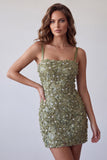 Olive Sequins Floral Appliques Spaghetti Straps Bodycon Short Cocktail Dress