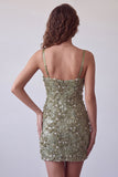 Olive Sequins Floral Appliques Spaghetti Straps Bodycon Short Cocktail Dress