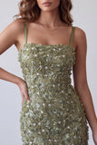 Olive Sequins Floral Appliques Spaghetti Straps Bodycon Short Cocktail Dress