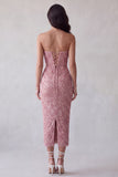Pink Sequins Bodycon Strapless Long Cocktail Dress with Back Slit
