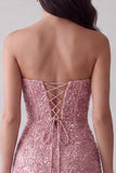 Pink Sequins Bodycon Strapless Long Cocktail Dress with Back Slit
