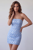 Sky Blue Sequins Lace Strapless Short Bodycon Cocktail Dress with Lace Up Back