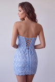 Sky Blue Sequins Lace Strapless Short Bodycon Cocktail Dress with Lace Up Back