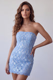 Sky Blue Sequins Lace Strapless Short Bodycon Cocktail Dress with Lace Up Back