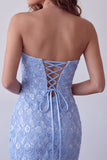 Sky Blue Sequins Lace Strapless Short Bodycon Cocktail Dress with Lace Up Back