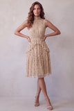 Champagne High Neck Tiered Ruffled Sleeveless Midi Cocktail Dress with Sequins