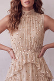Champagne High Neck Tiered Ruffled Sleeveless Midi Cocktail Dress with Sequins