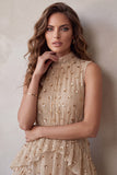 Champagne High Neck Tiered Ruffled Sleeveless Midi Cocktail Dress with Sequins