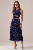 Navy A-Line Bateau Neck Velvet Printed Midi Cocktail Dress with Cut Out