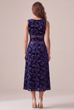 Navy A-Line Bateau Neck Velvet Printed Midi Cocktail Dress with Cut Out