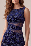 Navy A-Line Bateau Neck Velvet Printed Midi Cocktail Dress with Cut Out