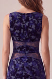 Navy A-Line Bateau Neck Velvet Printed Midi Cocktail Dress with Cut Out