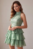 Green High Neck Tiered Ruffle A-Line Short Cocktail Dress with Fringes