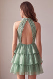 Green High Neck Tiered Ruffle A-Line Short Cocktail Dress with Fringes