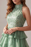 Green High Neck Tiered Ruffle A-Line Short Cocktail Dress with Fringes