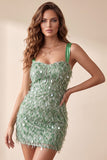 Green Bodycon Square Neck Feathered Short Cocktail Dress with Sequins