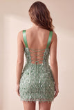 Green Bodycon Square Neck Feathered Short Cocktail Dress with Sequins