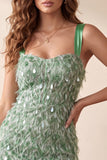 Green Bodycon Square Neck Feathered Short Cocktail Dress with Sequins